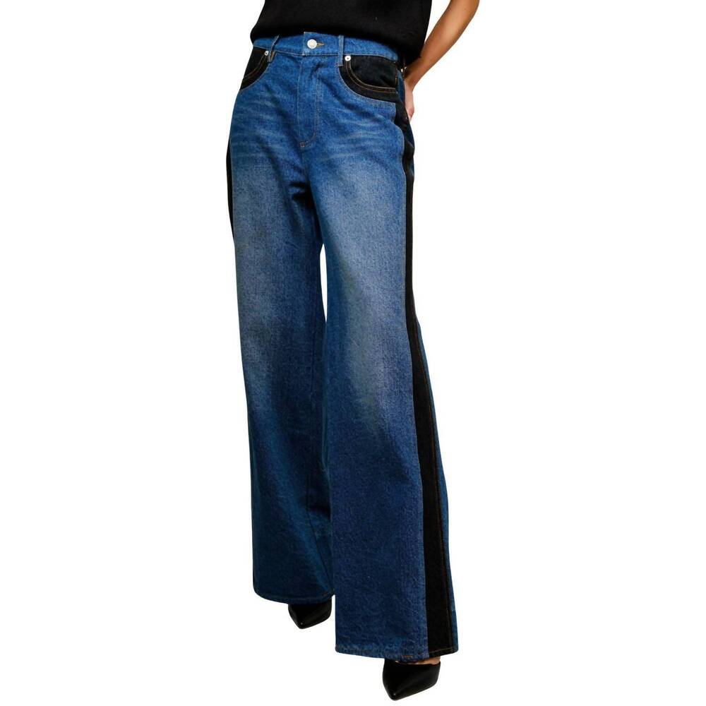 Two-Tone Blue Wide Leg Jeans with Black Side Panels - Women's Flare
